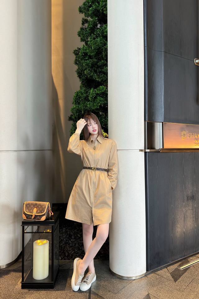 New arrival with belt Lv donkey khaki lapel long-sleeved dress with elastic cuff