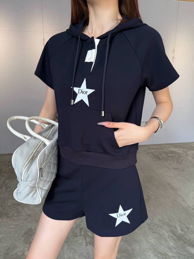 New Dio* Dior 25Ss new hooded short-sleeved top and shorts set with star flockin
