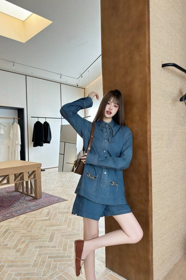 New arrival Gucci* Gucci 2025 new product denim lace-up shirt and shorts set, cu