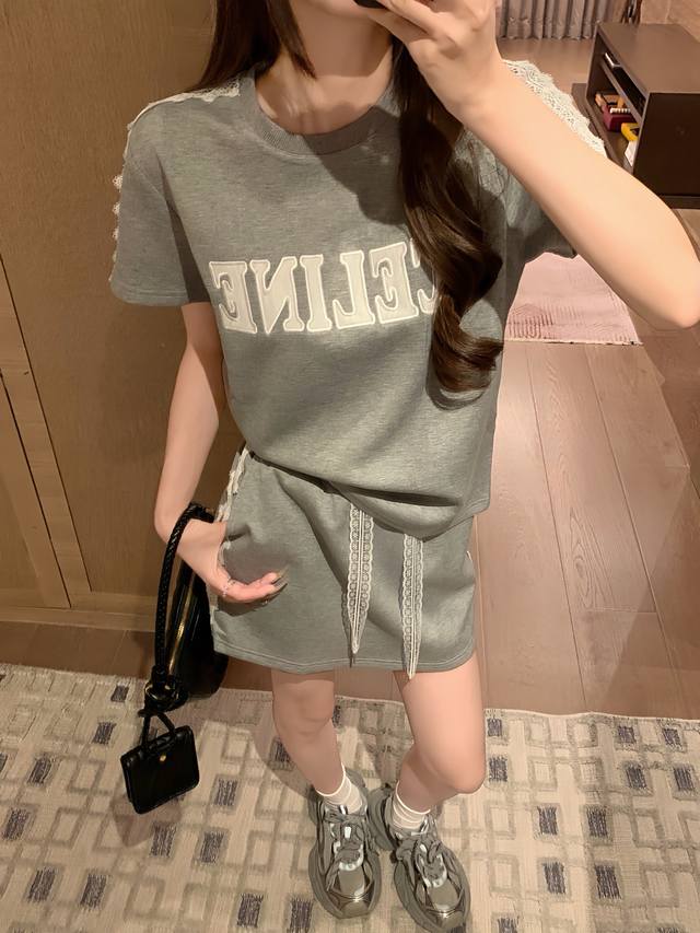 New Set Celin* Celine Lace Applique Embroidered Letter Short Sleeve Miniskirt Se