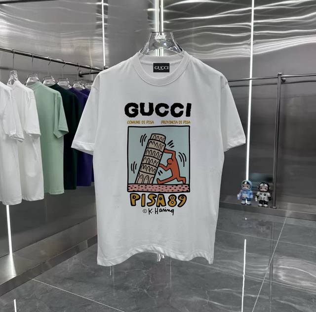 Gucci Pisa Tower series retro couple print short-sleeved T-shirt with dropped sh