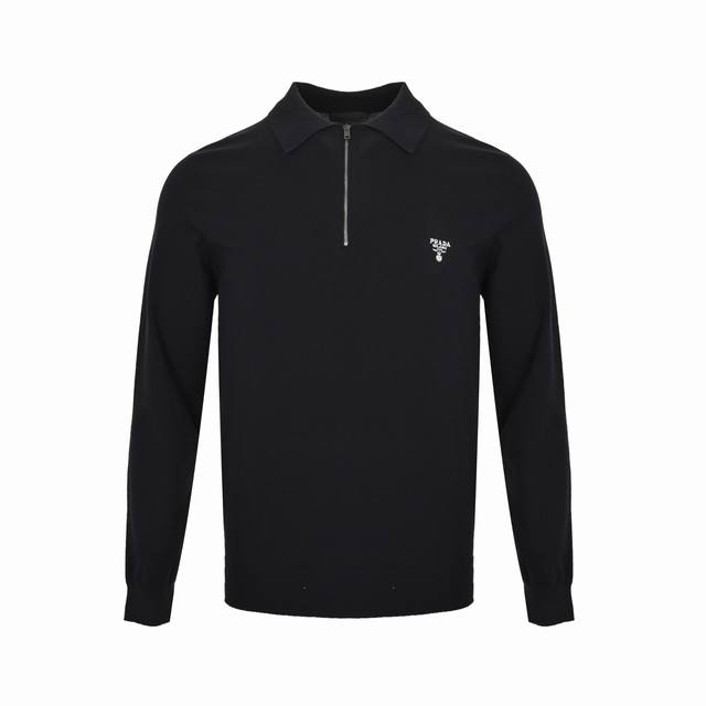 Prada embroidered half-zip knitted long-sleeved Polo shirt. Made of 80 ultra-fin