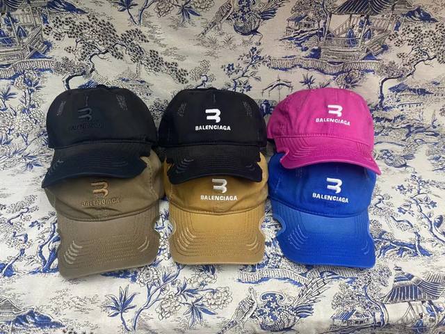 8713 Balenciaga embroidered letters, missing corners, distressed holes, baseball