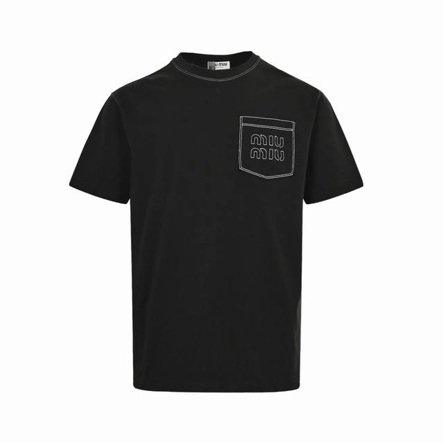 Miumiu short-sleeved top with visible stitch embroidery and logo is made from 26