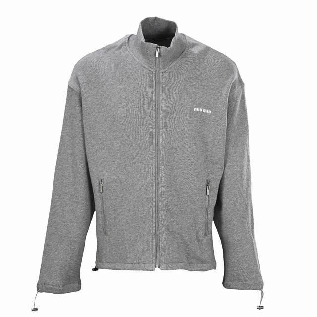 Miu Miu Mm cotton and linen stand-up collar jacket with small embroidery and zip