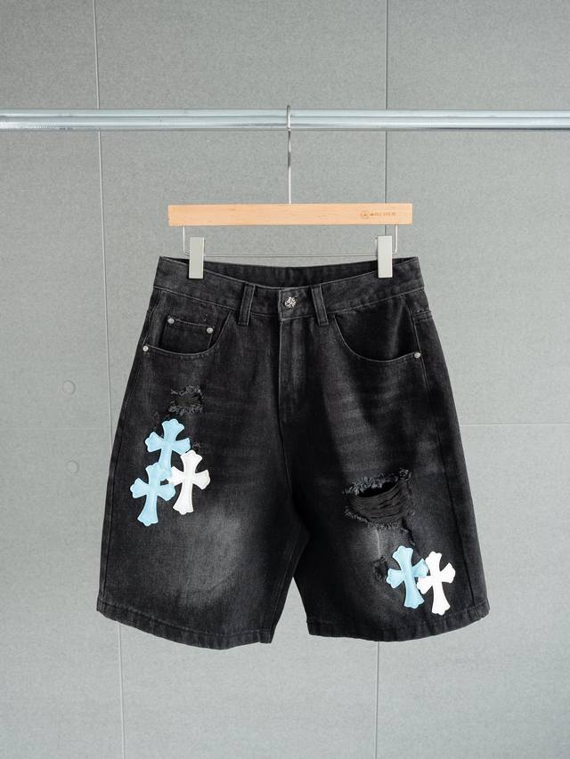 Chrome Hearts 24S S Black Leather Label Cross Ripped Denim Shorts. Item No. 2068