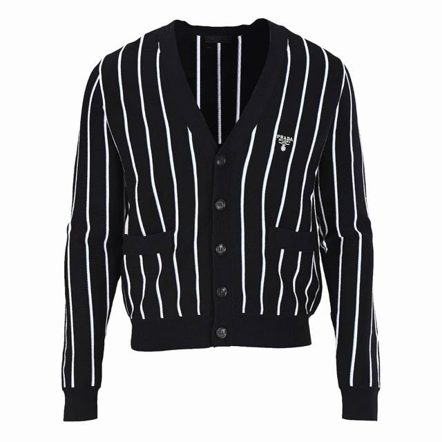 Prada Prd vertical stripe embroidered V-neck cardigan sweater. Made of a custom-