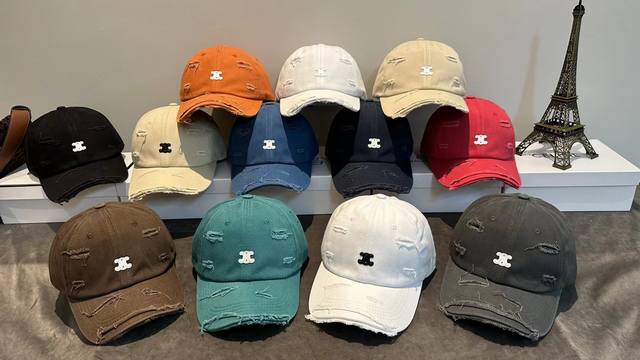 8376 Celine Arc de Triomphe distressed holed baseball cap with small label hat f