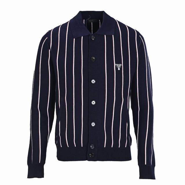 Prada Prd vertical stripe embroidered square collar knitted sweater cardigan jac