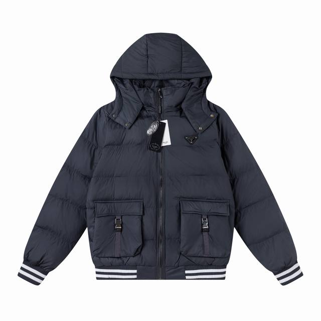 Prada 2025 hooded down jacket with triangle logo, warm zipper, new fall/winter s