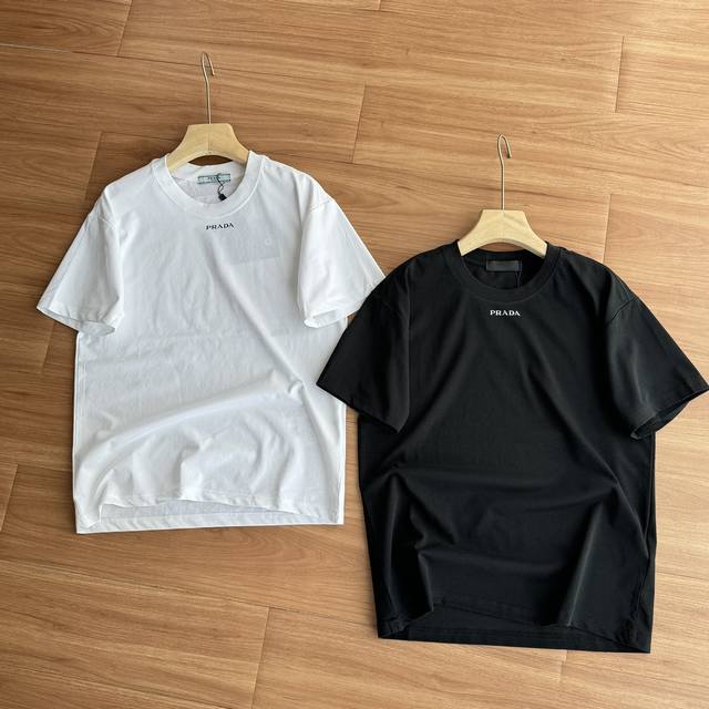 Prada 2025 classic iron plate minimalist clean style unisex pure cotton round ne