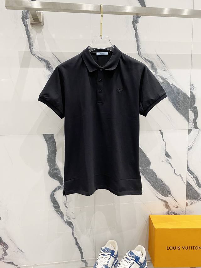 Prada lapel polo shirt, simple business style, natural color, letter embroidered