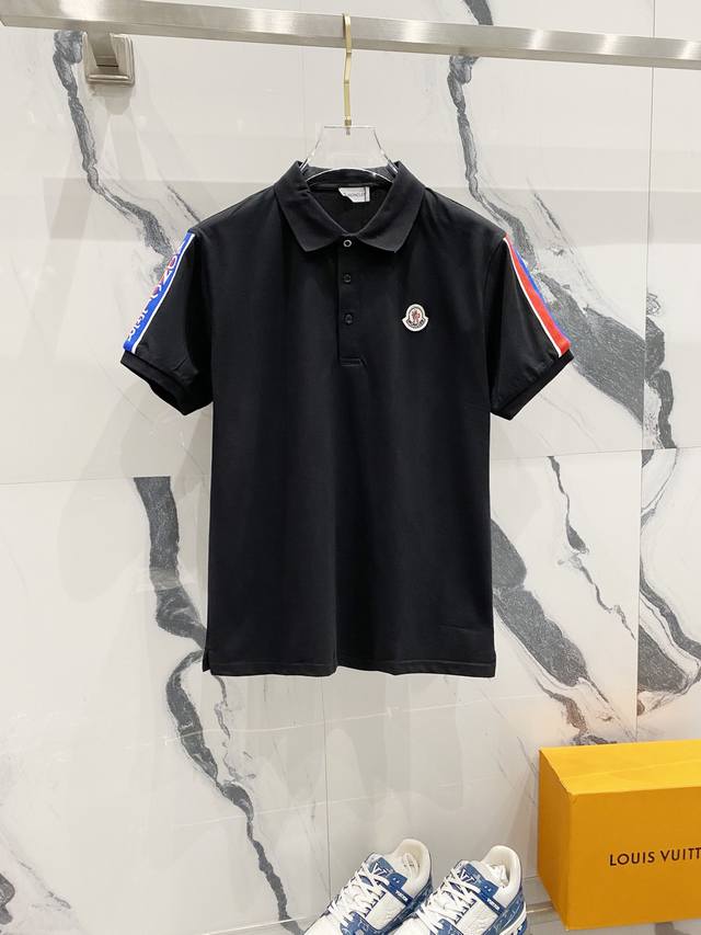 Moncler lapel polo shirt with brand logo and small letter logo on the sleeves. O