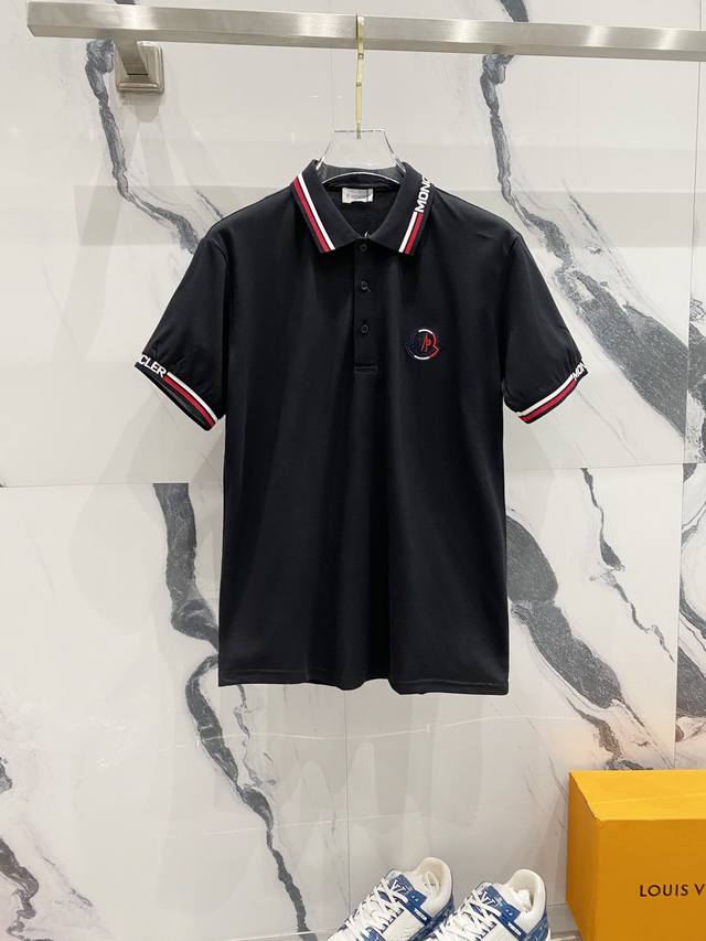 Moncler lapel polo shirt with woven lettering and embroidered logo on the collar