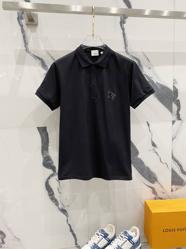 Burberry lapel polo shirt, classic and simple plaid, hollowed-out horse logo, sm