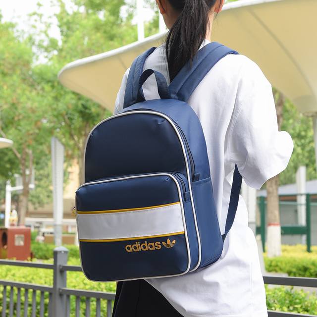 Adidas Unisex Pu Leather Casual Backpack Street Trend Personality Colorblock Spo