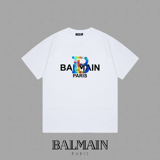 Balmain 2025Fw short-sleeved T-shirt with silicone thick plate and colorful alph