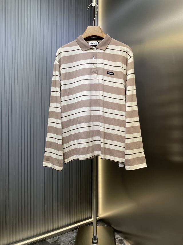 Miu Miu top-grade original 25Ss striped cotton jersey long-sleeved polo shirt, a