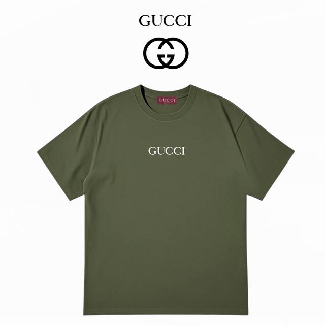 Gucci new small logo letter 300g double yarn short sleeve: Army Green: Xs-L