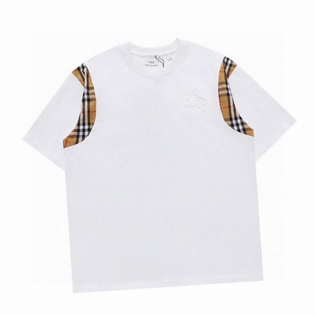 Burberry summer new embossed warhorse check pattern splicing round neck short-sl