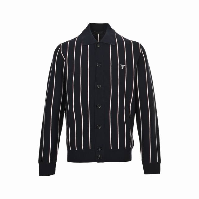 Prada 25Fw vertical stripe embroidered square-neck knitted sweater cardigan. Mad