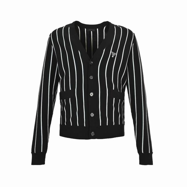 Prada 25Fw vertical stripe embroidered V-neck knitted cardigan sweater. Made of