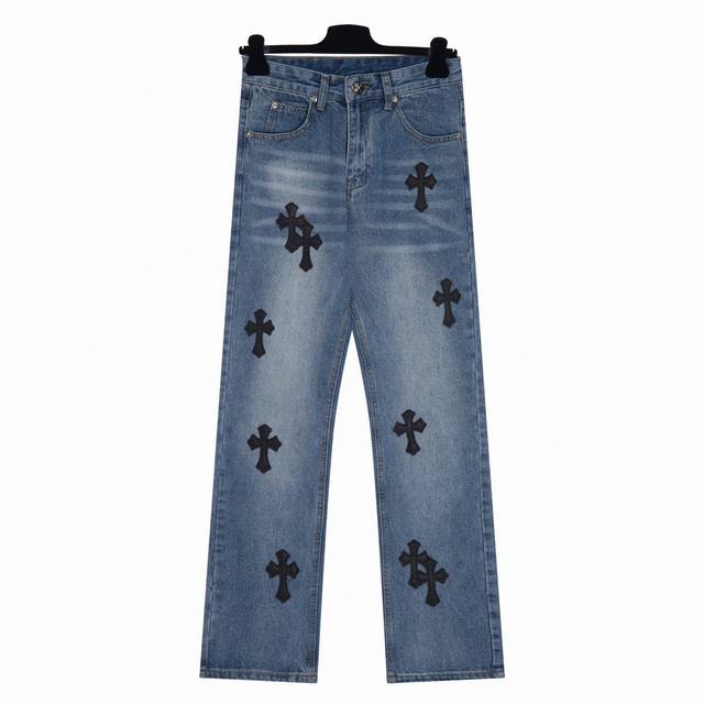 High version Chrome Hearts leather label cross washed jeans, same style for men
