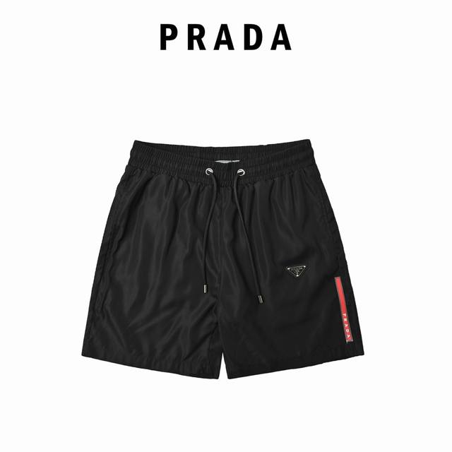 Prada classic red striped triangle logo beach shorts. Fine craftsmanship woven f