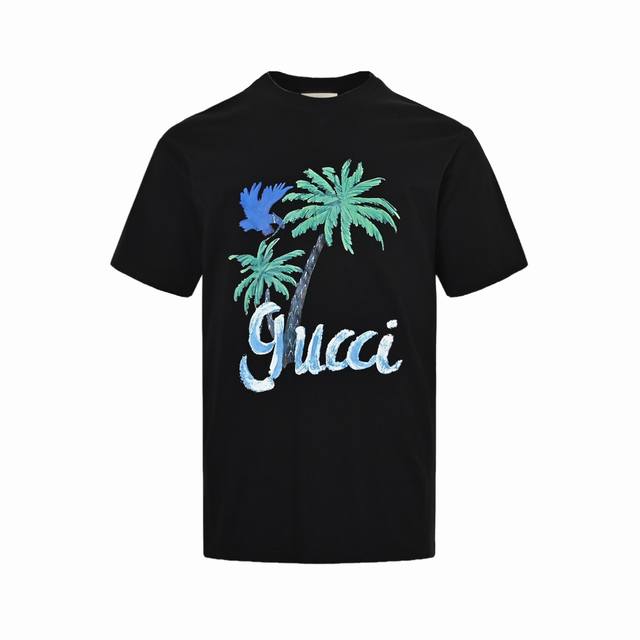 Gucci coconut palm print short-sleeve top. Custom-made, 240g single-dye fabric.