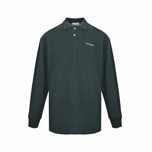 Miumiu Miu Miu dark green lettered pique long-sleeved Polo shirt, genuine produc