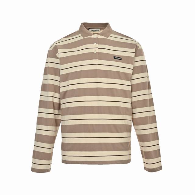 Miu Miu yellow striped cotton jersey long-sleeved Polo shirt. Authentic product