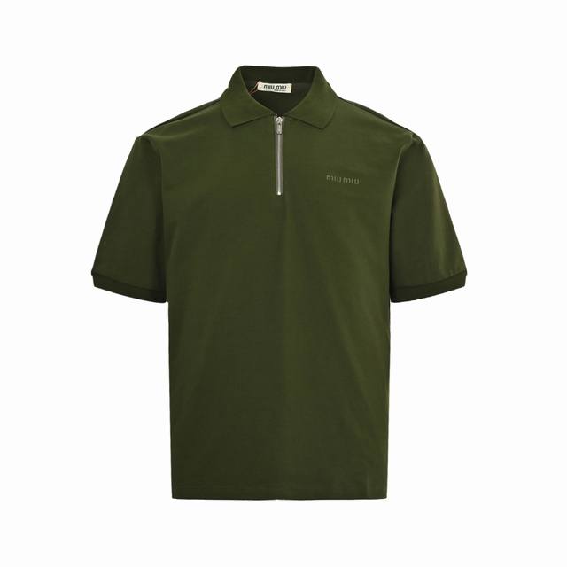Miu Miu 25Ss half-zip logo embroidered Polo short-sleeved shirt. Made from refin