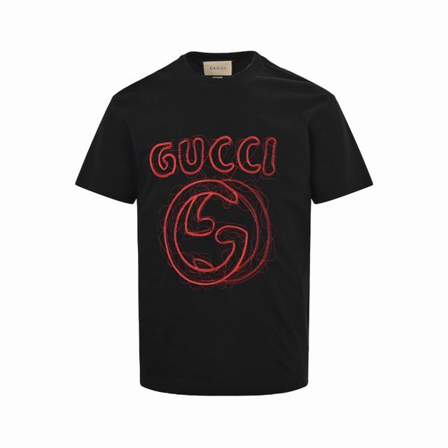 Gucci 24Ss line embroidered letter logo short-sleeved T-shirt, refined and upgra