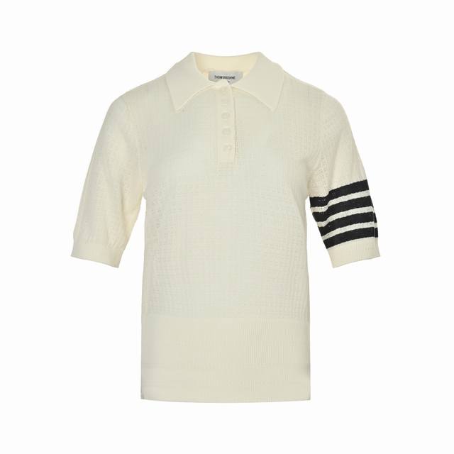 Thom Browne Heavy Duty Black Stripe Polo Short Sleeve Top. This top is made of a