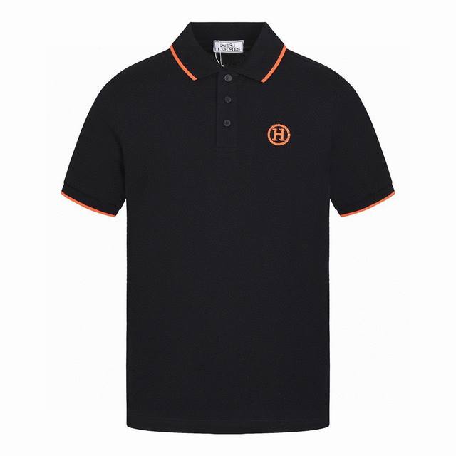 Hermes summer new classic letter embroidered orange stripe lapel short-sleeved P