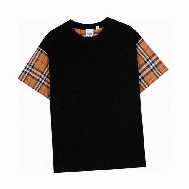 Burberry's new summer classic plaid sleeves stitching round neck short-sleeved T