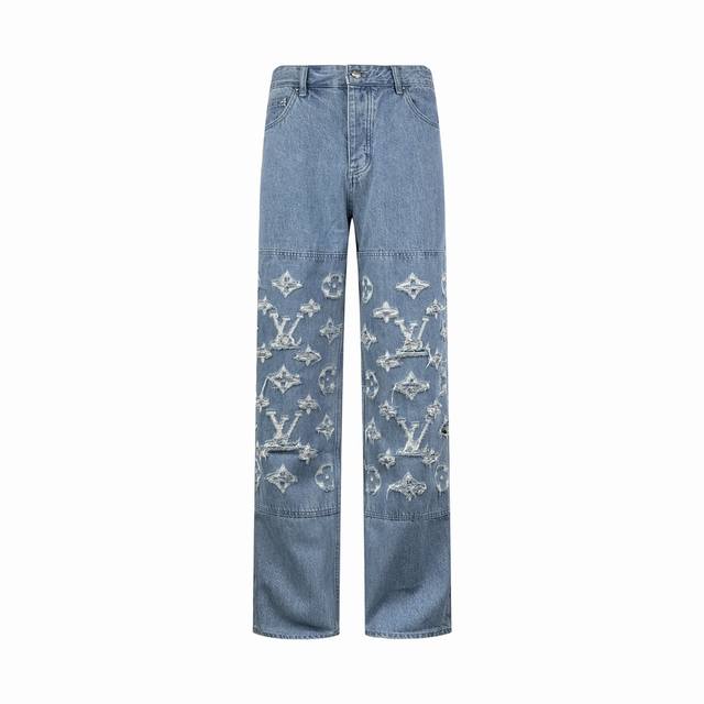 Louis Vuitton washed ripped jeans, customized pure cotton exclusive denim materi