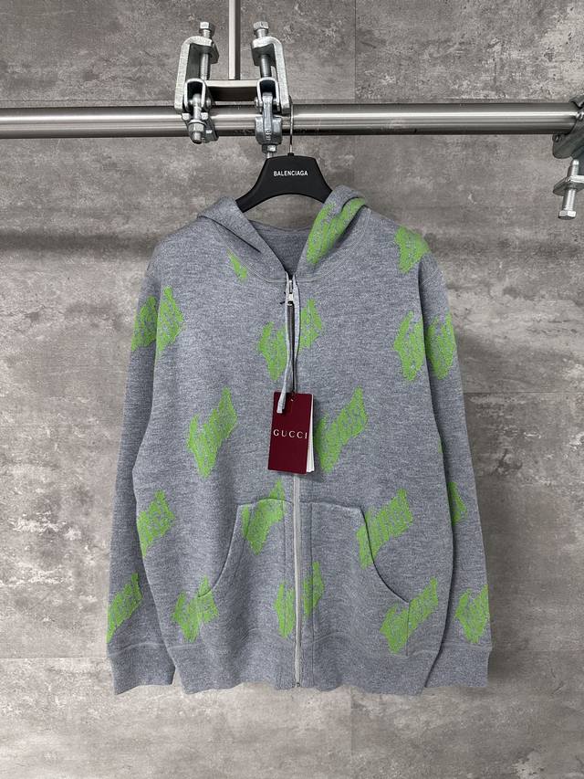 Gucci 25Ss New Reversible Jacquard Wool Zip-Up Jacket Grey and green wool jacqua