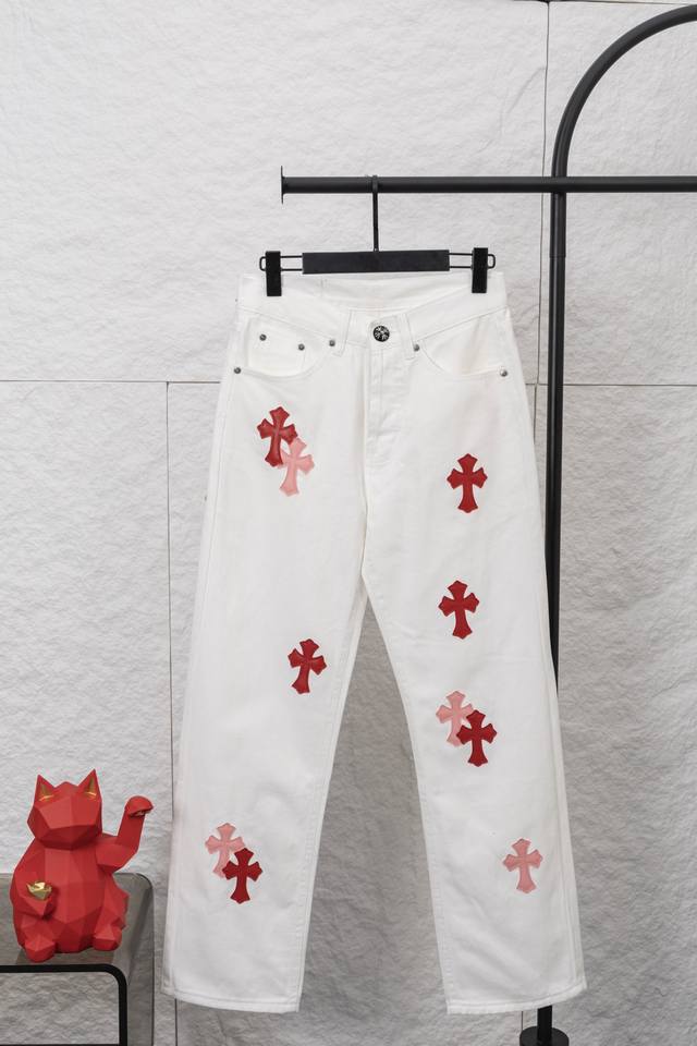 Style F077 Chroe Hets Chrome Hearts Cross White Pink Label Leather Jeans. A clas