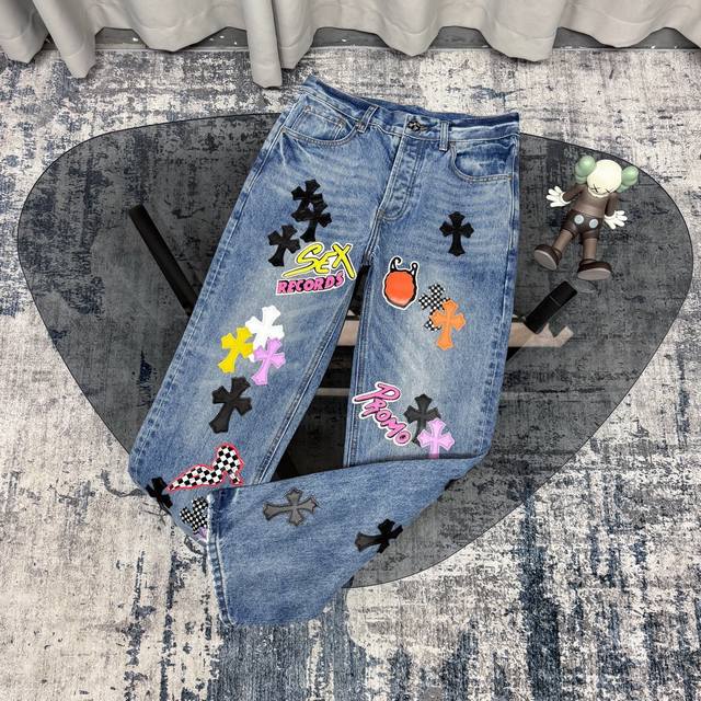 Chrome Hearts Blue Bull King Graffiti Multi-Color Patch Jeans (L*Xiang) - These