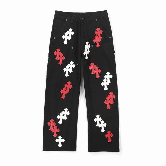 Chrome Hearts Black Lumberjack Jeans, washed jeans with red and white leather el