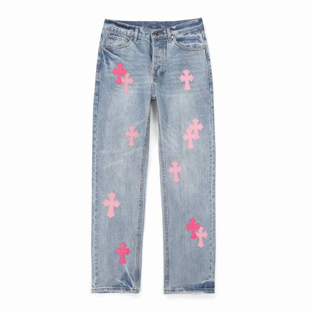 Chrome Hearts 25Fw Ch blue pants and pink leather patchwork cross bamboo jeans f