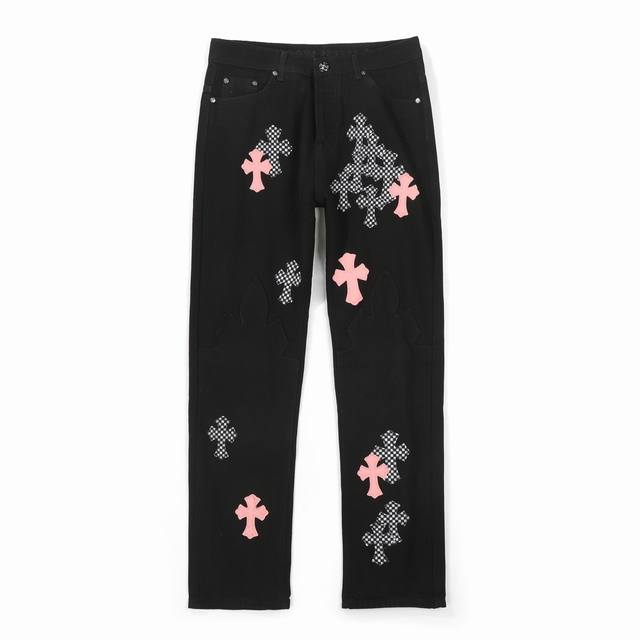 Chrome Hearts Ch Cherry Blossom Pink Checkerboard Cross-Patch Leather Jeans, ori