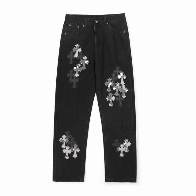 Chrome Hearts black washed jeans with multi-leather details, authentically recre