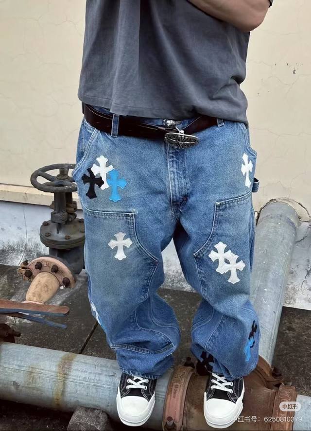 Model Picture Ch Chrome Hearts Blue Lumberjack White Leather Panel Jeans Ch Thes