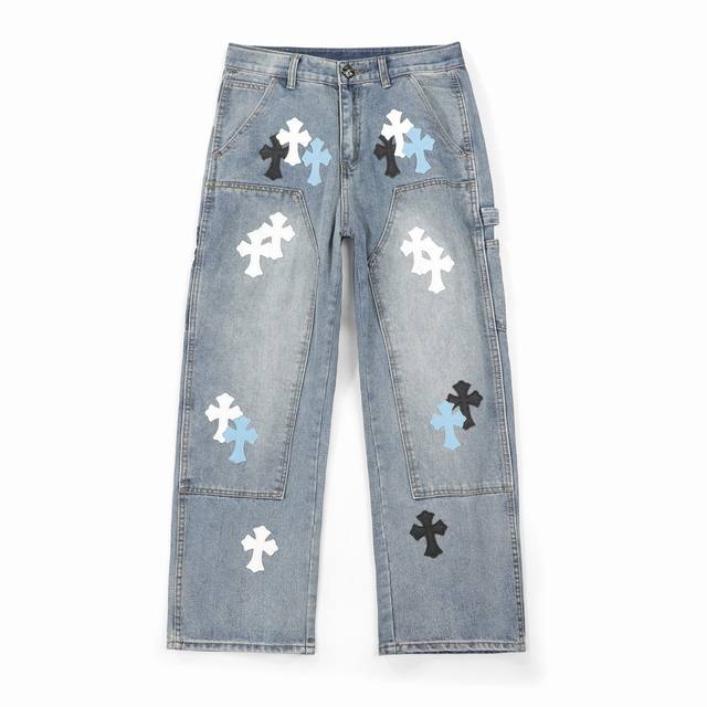 Ch Chrome Hearts Blue Lumberjack White Leather Panel Jeans. These jeans are a li