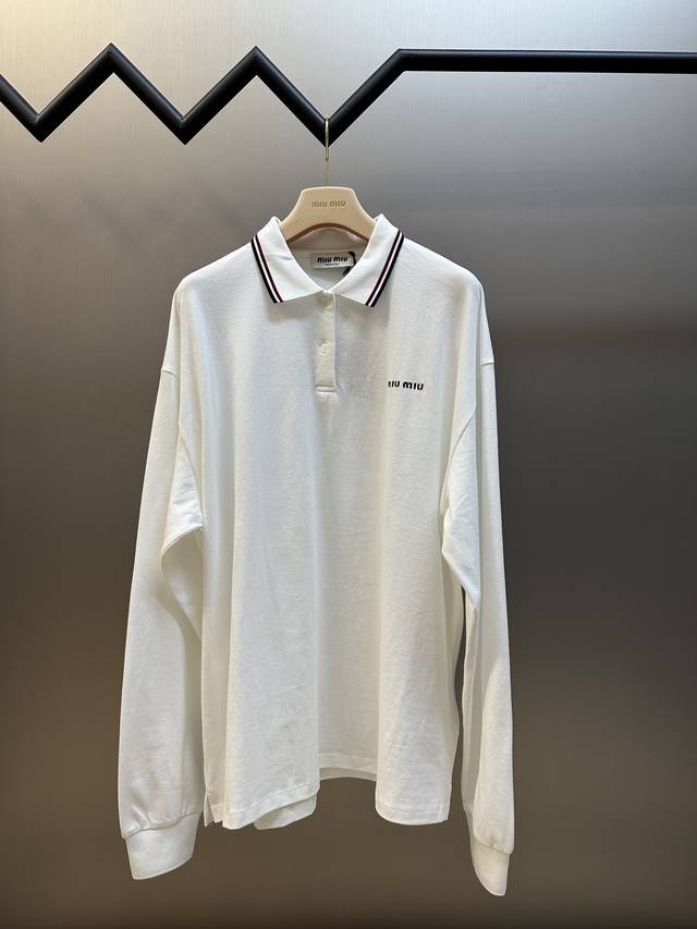 Miu Miu solid color embroidered lettering long-sleeved polo shirt. Custom made f