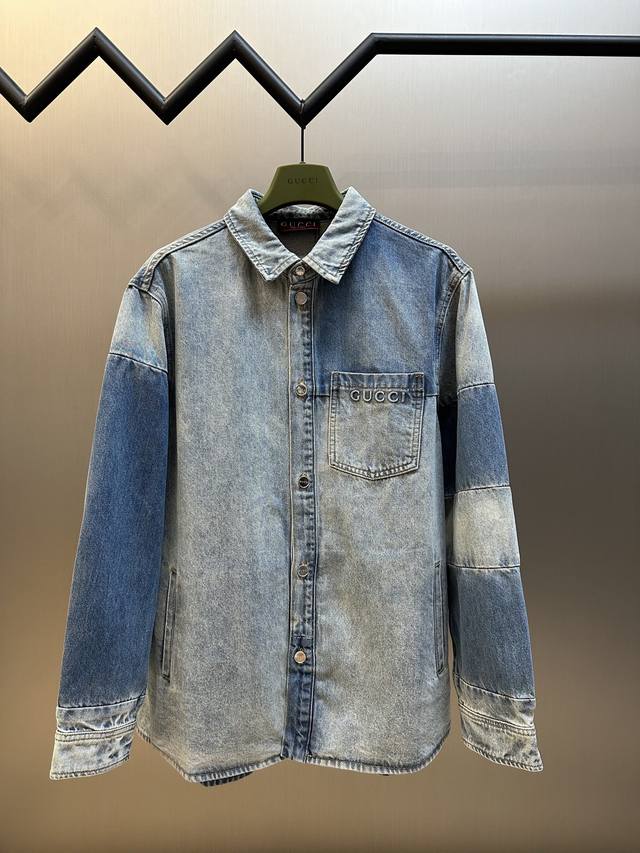 Gucci Washed Embossed Denim Shirt, custom-made in a light blue stonewashed washe