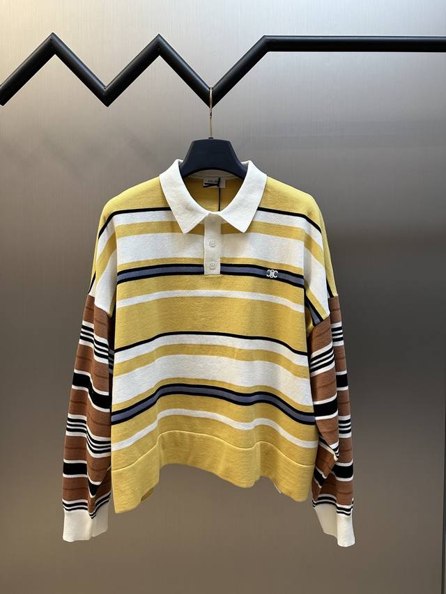 Celine loose-fit contrast striped polo shirt Triomphe embroidery, loose fit, dro