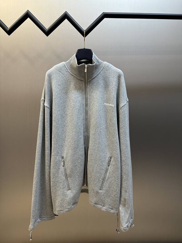 Miumiu embroidered zipper jacket, made of a custom-made all-cotton linen grey si